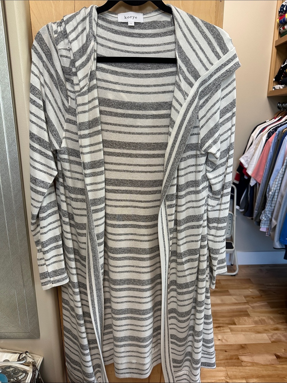 Korye Striped Hooded Open Cardigan - Gray & White - very light weight & soft